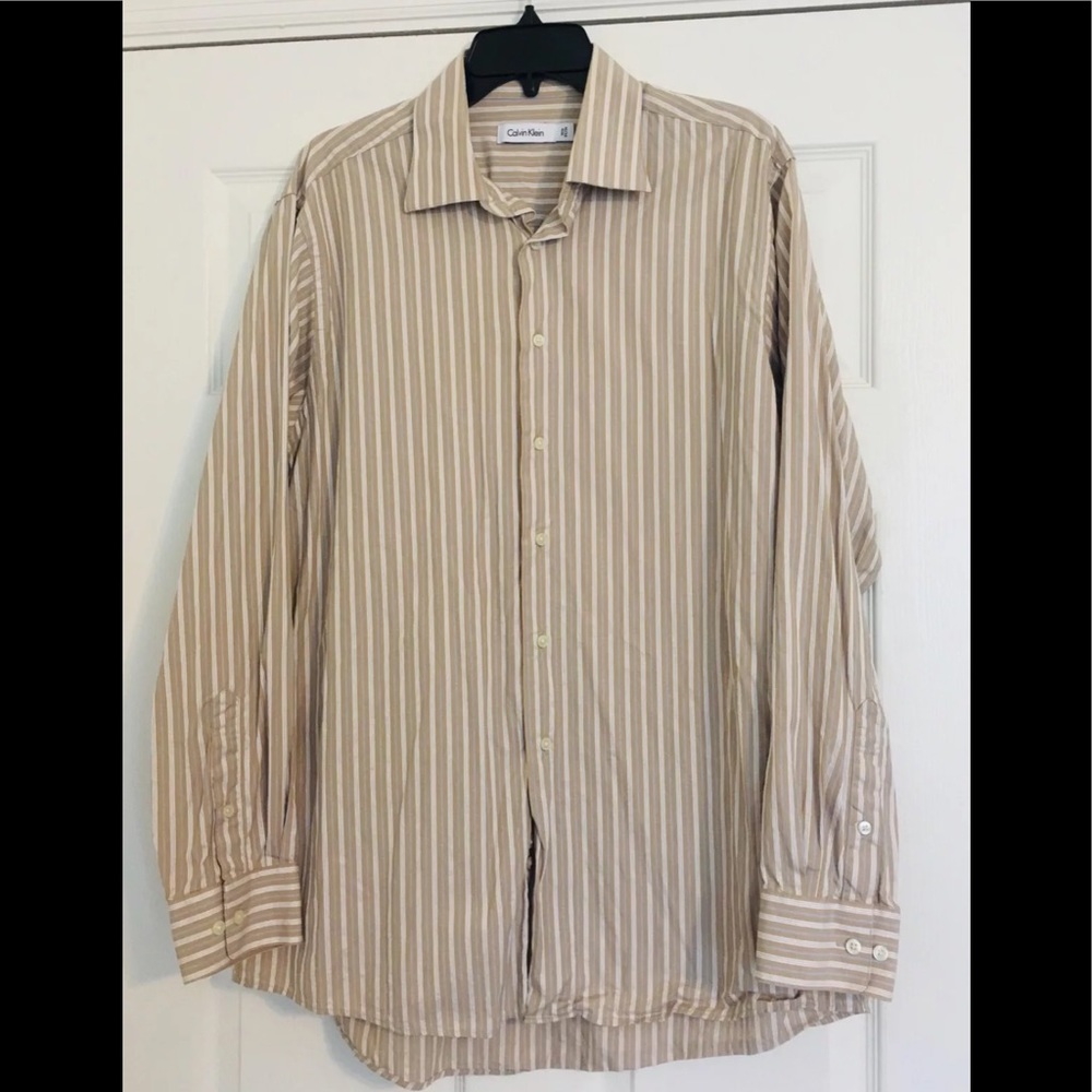 Calvin Klein Mens Button Down Tan/Blue 161/2 34/35